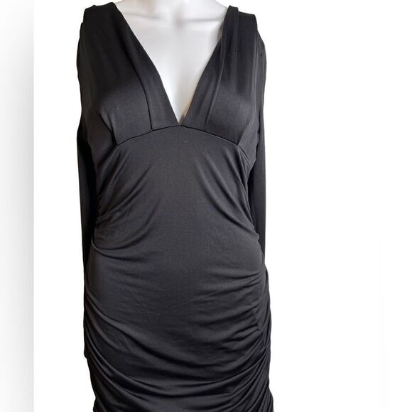 Plunging V Neck Ruched Cocktail Dress Black Size Large - Picture 2 of 4